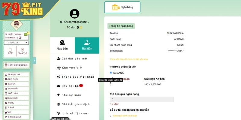 Điền thông tin nạp và rút tiền 79KING